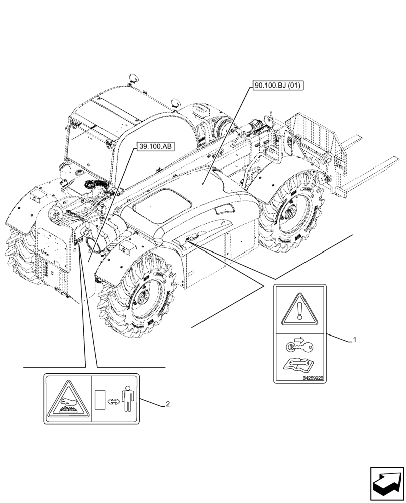 Схема запчастей Case IH FARMLIFT 735 - (90.108.AC[11]) - WARNING DECAL, FRAME, HOOD (90) - PLATFORM, CAB, BODYWORK AND DECALS