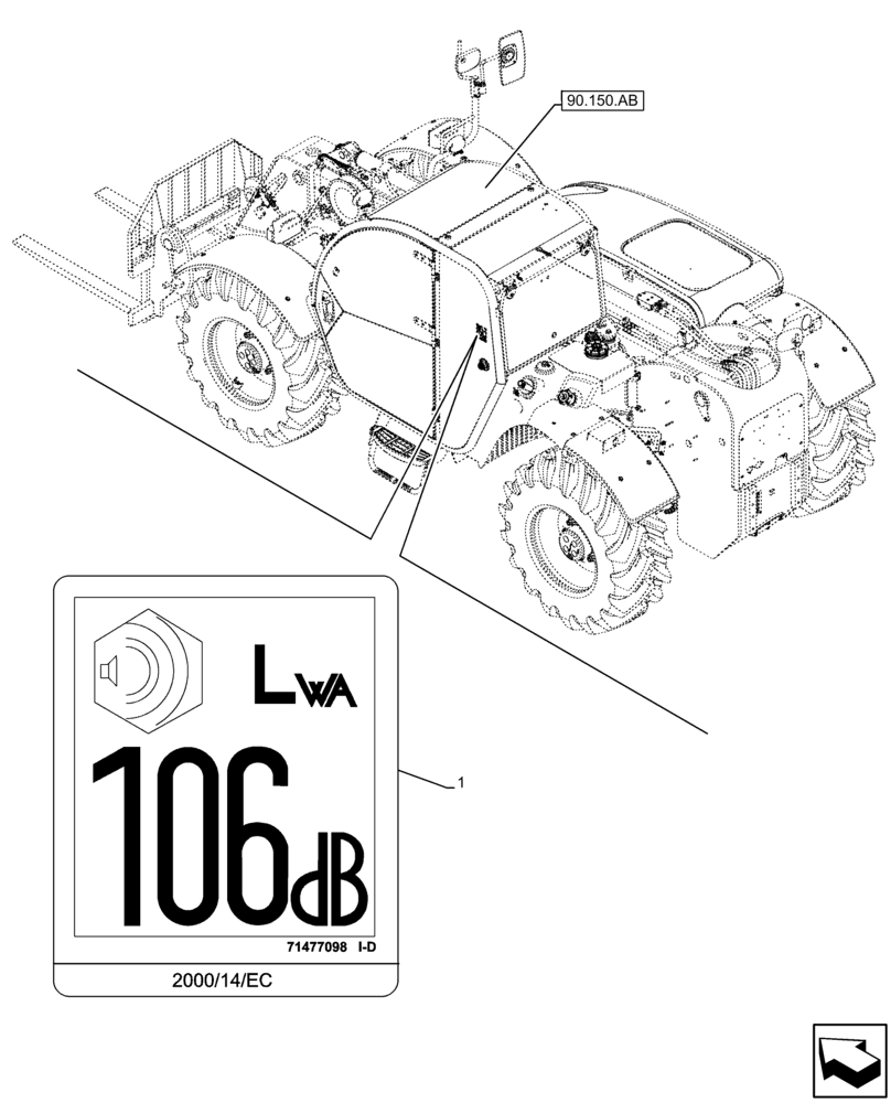 Схема запчастей Case IH FARMLIFT 742 - (90.108.AC[18]) - VAR - 749280, 749396 - DECAL, ACOUSTIC LEVEL (90) - PLATFORM, CAB, BODYWORK AND DECALS