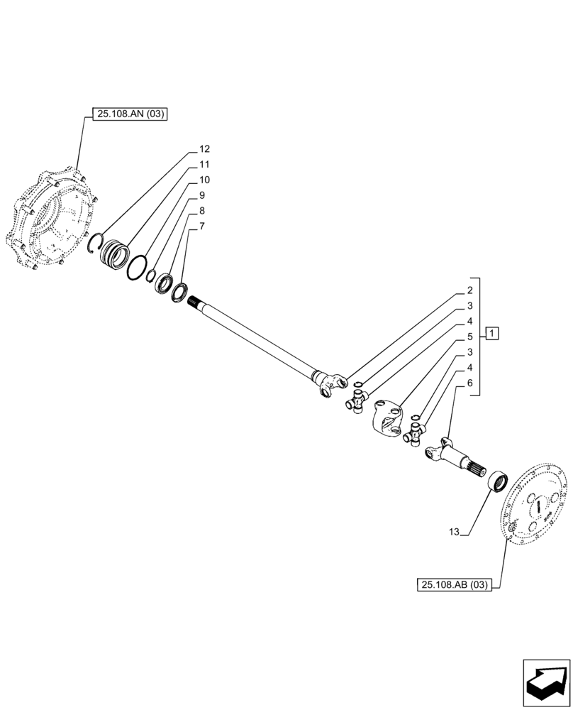 Схема запчастей Case IH PUMA 240 CVT - (25.108.AA[03]) - VAR - 758049 - FRONT AXLE, SUSPENDED W/BRAKES, SHAFT (25) - FRONT AXLE SYSTEM