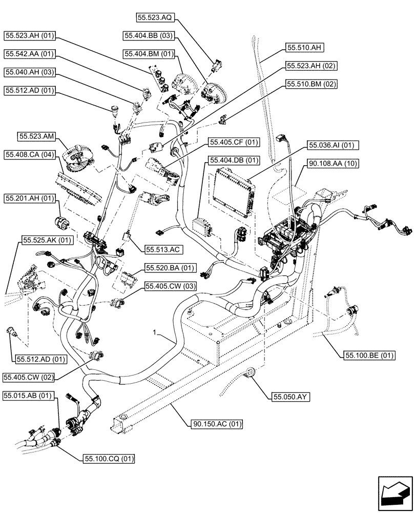 Схема запчастей Case IH FARMALL 115C - (55.510.AF[03]) - VAR - 335754, 390754 - MAIN HARNESS, CAB, HI-LO (55) - ELECTRICAL SYSTEMS