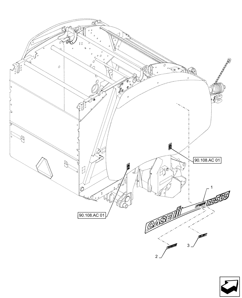 Схема запчастей Case IH RB565 - (90.108.AB[01]) - DECALS, MODEL, RH (90) - PLATFORM, CAB, BODYWORK AND DECALS