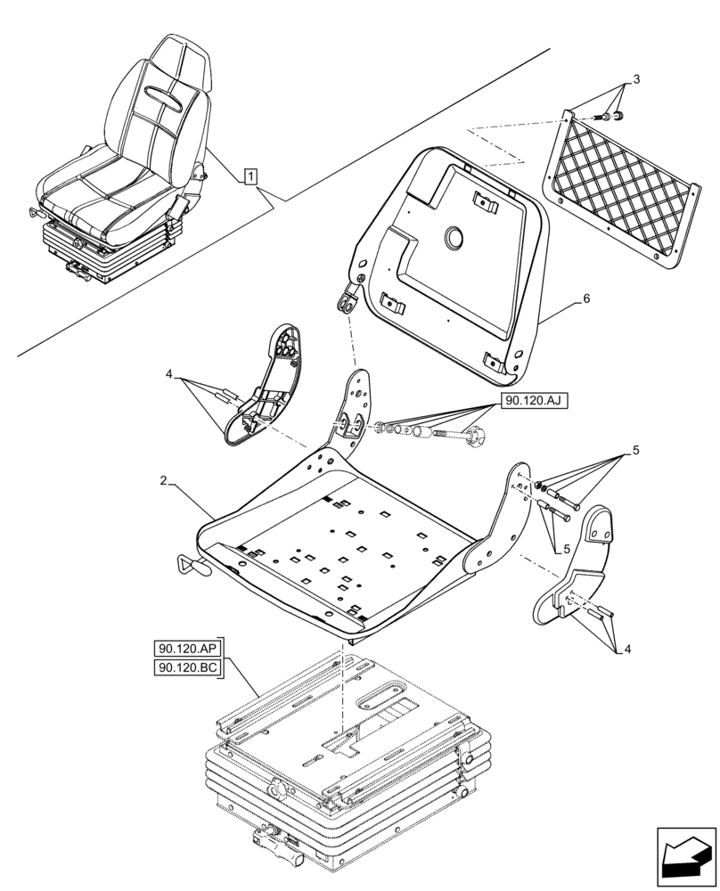 Схема запчастей Case IH FARMLIFT 735 - (90.120.BH) - VAR - 749372 - SEAT, MECHANICAL SUSPENSION, FRAME (90) - PLATFORM, CAB, BODYWORK AND DECALS