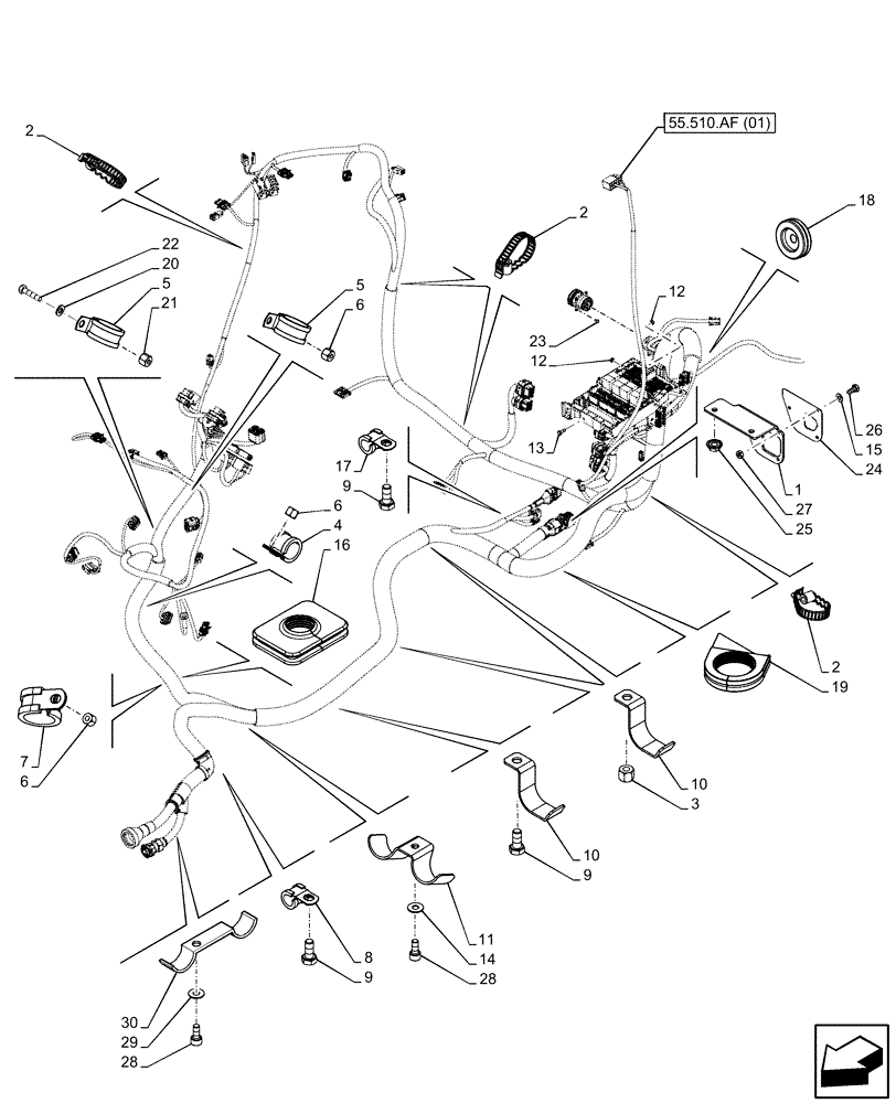 Схема запчастей Case IH FARMALL 85C - (55.510.AF[02]) - VAR - 335754, 390754 - MAIN HARNESS, BRACKET, CABLE CLIP, CAB (55) - ELECTRICAL SYSTEMS