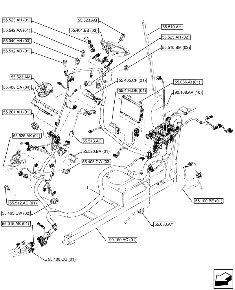 Схема запчастей Case IH FARMALL 105C - (55.510.AF[03]) - VAR - 335754, 390754 - MAIN HARNESS, CAB, HI-LO (55) - ELECTRICAL SYSTEMS