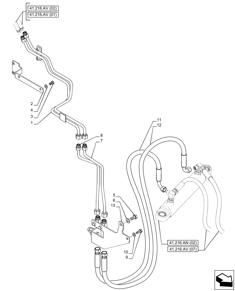 Схема запчастей Case IH PUMA 220 CVT - (41.216.AV[04]) - VAR - 758048, 758049 - FRONT AXLE, SUSPENDED, STEERING CYLINDER HYD. LINE (41) - STEERING