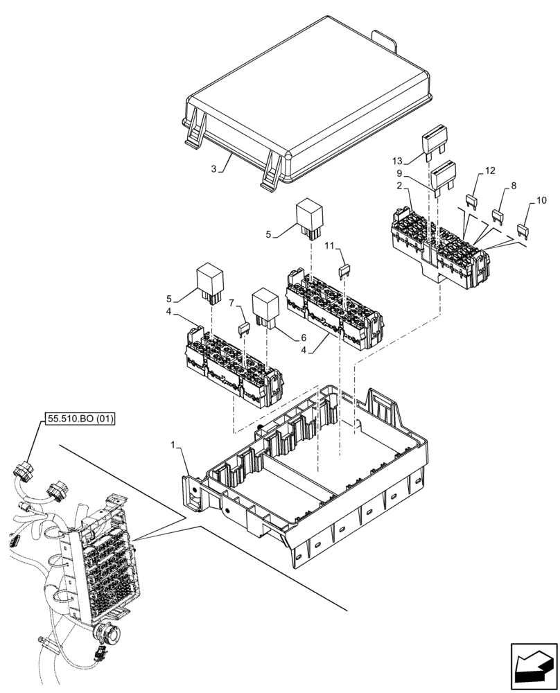 Схема запчастей Case IH FARMALL 85C - (55.100.DO[03]) - VAR - 335754, 390754 - FUSE, RELAY, HARNESS, W/O CAB (55) - ELECTRICAL SYSTEMS