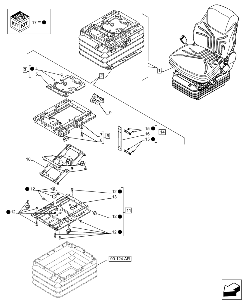 Схема запчастей Case IH FARMLIFT 742 - (90.124.AM[02]) - VAR - 749490 - SEAT, AIR SUSPENSION, FRAME, LOWER (90) - PLATFORM, CAB, BODYWORK AND DECALS