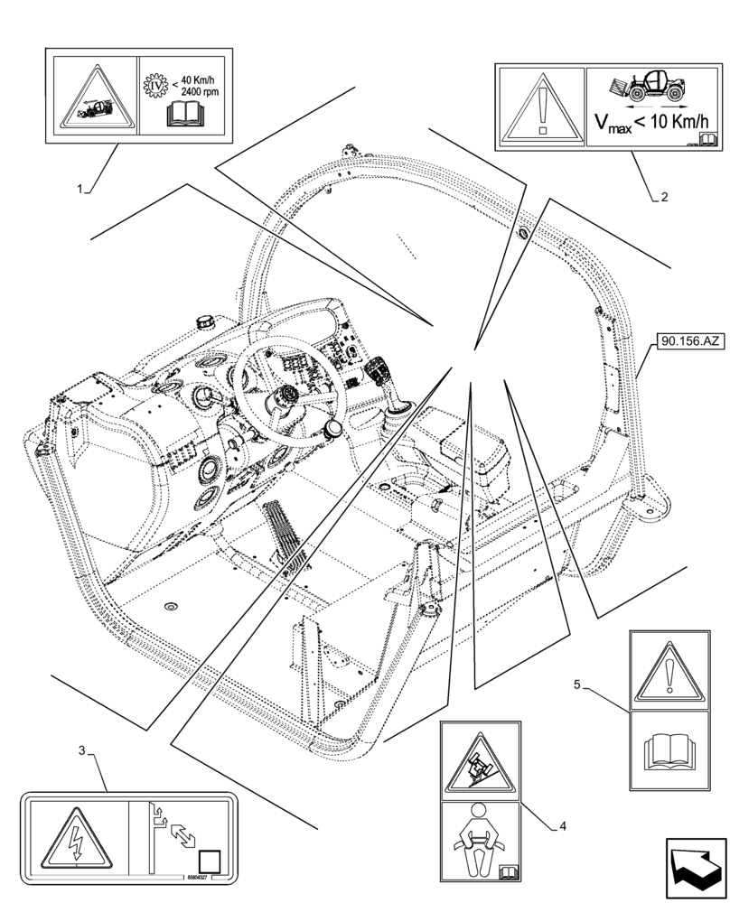 Схема запчастей Case IH FARMLIFT 742 - (90.108.AC[14]) - WARNING DECAL, WINDOW, RH (90) - PLATFORM, CAB, BODYWORK AND DECALS