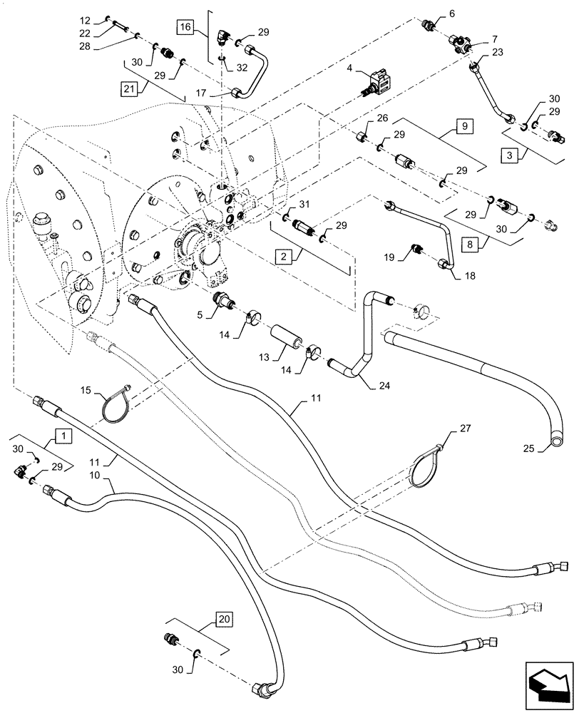 Схема запчастей Case IH QUADTRAC 420 - (35.733.AC[06]) - REAR AXLE LUBRICATION LINES, W/ DIFFERENTIAL LOCK (35) - HYDRAULIC SYSTEMS