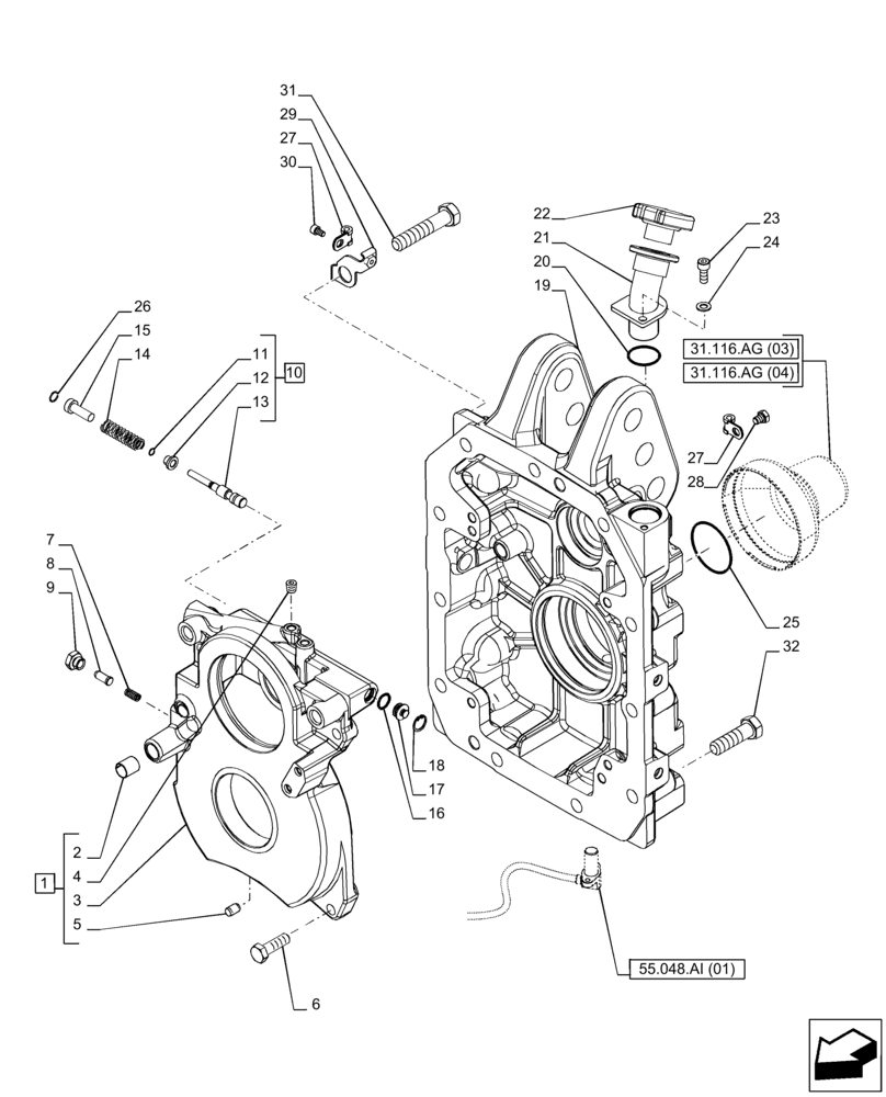 Схема запчастей Case IH PUMA 150 CVT - (31.116.AG[02]) - VAR - 391139, 758024 - PTO, HOUSING (31) - IMPLEMENT POWER TAKE OFF