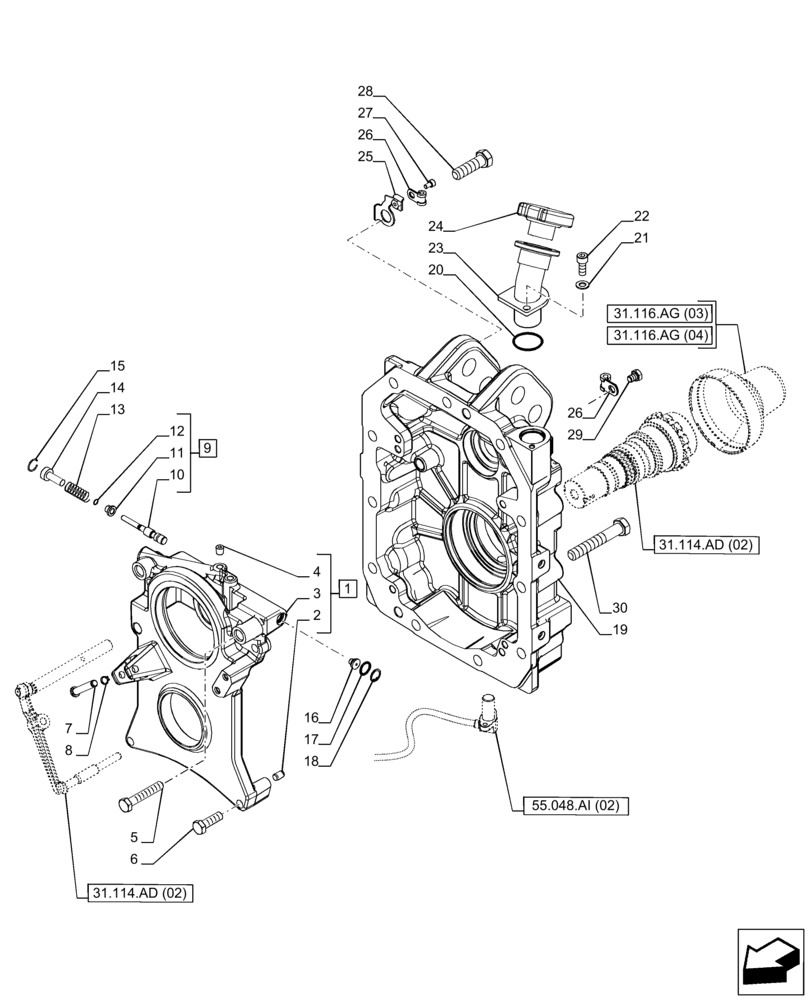 Схема запчастей Case IH PUMA 150 CVT - (31.114.AH[02]) - VAR - 758031 - PTO 540/1000 RPM, PTO, HOUSING (31) - IMPLEMENT POWER TAKE OFF