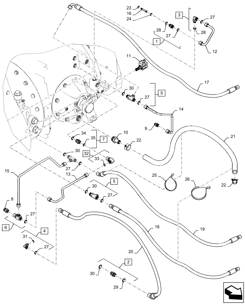 Схема запчастей Case IH QUADTRAC 620 - (35.733.AC[06]) - REAR AXLE LUBRICATION LINES, W/ DIFFERENTIAL LOCK (35) - HYDRAULIC SYSTEMS