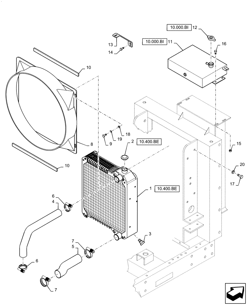 Схема запчастей Case IH RPZ65 - (10.400.BF) - RADIATOR, DEAERATION TANK AND MOUNTING (10) - ENGINE