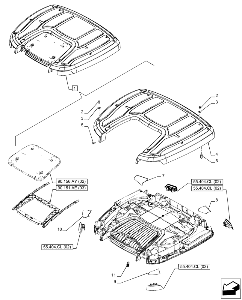 Схема запчастей Case IH PUMA 220 CVT - (90.150.BG[09]) - VAR - 758139, 758141, 758143, 758146 - CAB ROOF, W/ HIGH VISIBILITY PANEL, COMPONENTS (NA MARKET PACKAGE) (90) - PLATFORM, CAB, BODYWORK AND DECALS