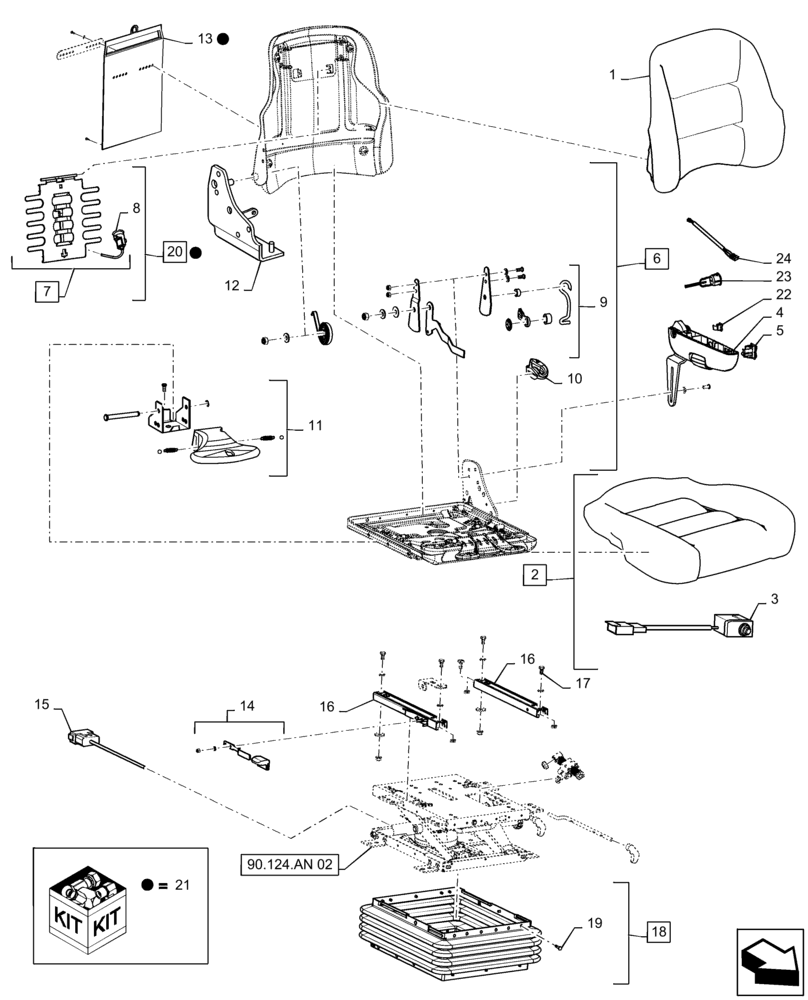 Схема запчастей Case IH QUADTRAC 420 - (90.124.AF[02]) - VAR - 449058 - SEAT CUSHION & ARMREST, HEATED CLOTH SEAT, SEMI ACTIVE SUSPENSION (90) - PLATFORM, CAB, BODYWORK AND DECALS