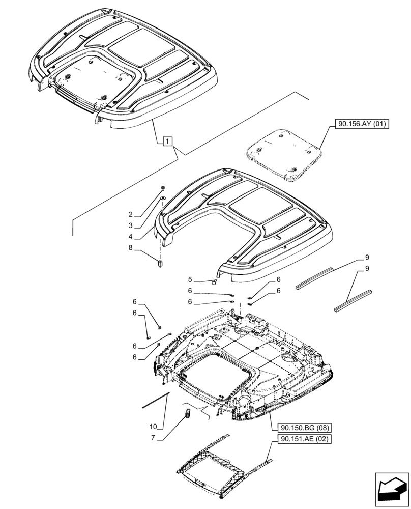 Схема запчастей Case IH PUMA 150 - (90.150.BG[07]) - VAR - 758139, 758141, 758143, 758146 - CAB ROOF, W/ HIGH VISIBILITY PANEL, COMPONENTS (ISO MARKET PACKAGE) (90) - PLATFORM, CAB, BODYWORK AND DECALS