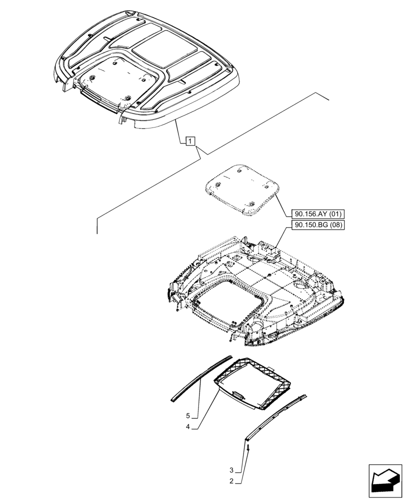 Схема запчастей Case IH PUMA 150 - (90.151.AE[02]) - VAR - 758139, 758141, 758143, 758146 - CAB ROOF, SUN CURTAIN, W/ HIGH VISIBILITY PANEL (ISO MARKET PACKAGE) (90) - PLATFORM, CAB, BODYWORK AND DECALS