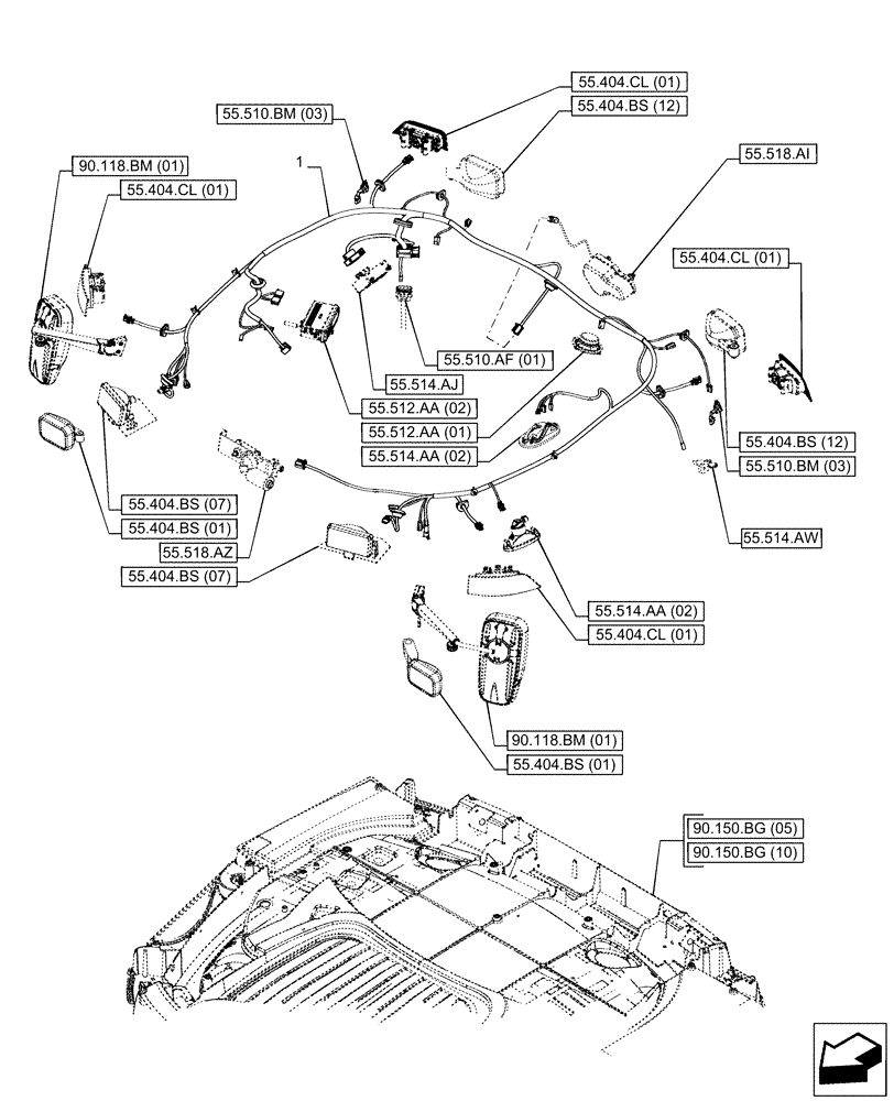 Схема запчастей Case IH PUMA 185 CVT - (55.510.AH[02]) - VAR - 391179, 758139, 758140, 758141, 758142, 758143, 758145, 758146 - CAB ROOF, HARNESS (ISO MARKET PACKAGE) (55) - ELECTRICAL SYSTEMS