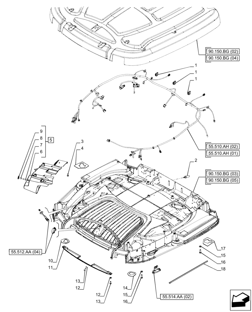 Схема запчастей Case IH PUMA 165 CVT - (90.150.BG[01]) - VAR - 391179, 758140, 758142, 758145 - CAB ROOF (90) - PLATFORM, CAB, BODYWORK AND DECALS