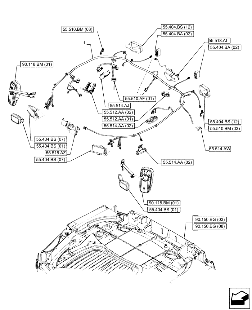 Схема запчастей Case IH PUMA 220 - (55.510.AH[01]) - VAR - 391179, 758139, 758140, 758141, 758142, 758143, 758145, 758146 - CAB ROOF, HARNESS (ISO MARKET PACKAGE) (55) - ELECTRICAL SYSTEMS