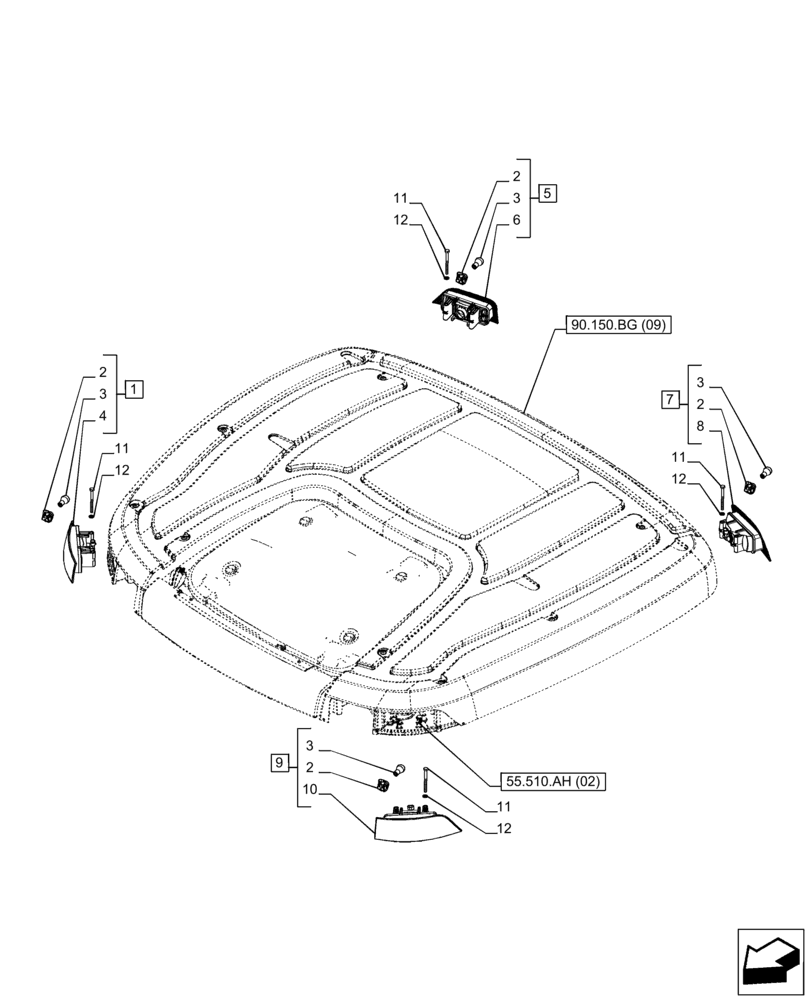 Схема запчастей Case IH PUMA 150 - (55.404.CL[02]) - VAR - 758139, 758141, 758143, 758146 - CAB ROOF, TURN SIGNAL LIGHT, W/ HIGH VISIBILITY PANEL (NA MARKET PACKAGE) (55) - ELECTRICAL SYSTEMS