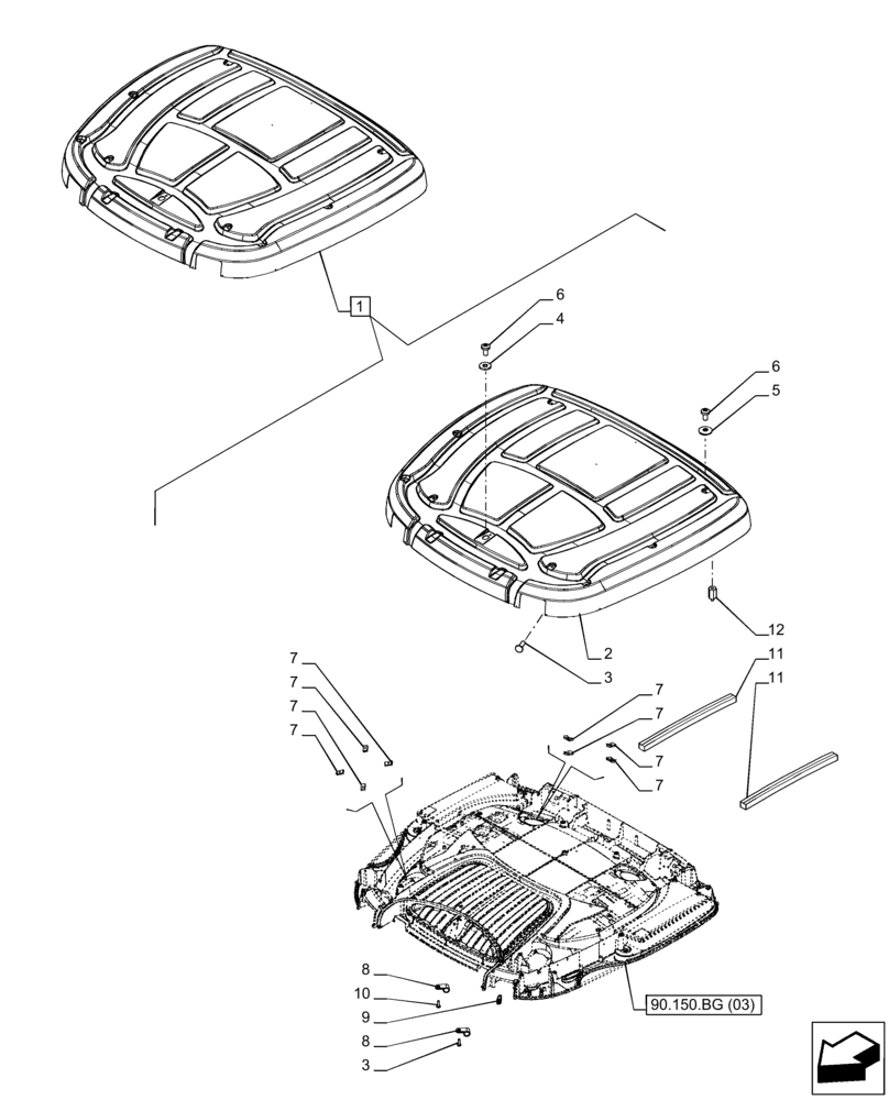 Схема запчастей Case IH PUMA 150 - (90.150.BG[02]) - VAR - 391179, 758140, 758142, 758145 - CAB ROOF, CARRIER, COMPONENTS (ISO MARKET PACKAGE) (90) - PLATFORM, CAB, BODYWORK AND DECALS