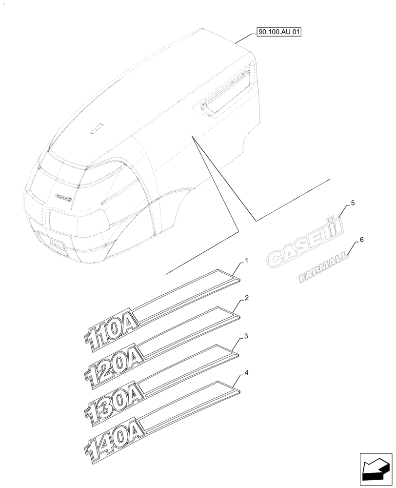 Схема запчастей Case IH FARMALL 140A - (90.108.AB) - VAR - 391610, 393315 - DECALS, MODEL (90) - PLATFORM, CAB, BODYWORK AND DECALS