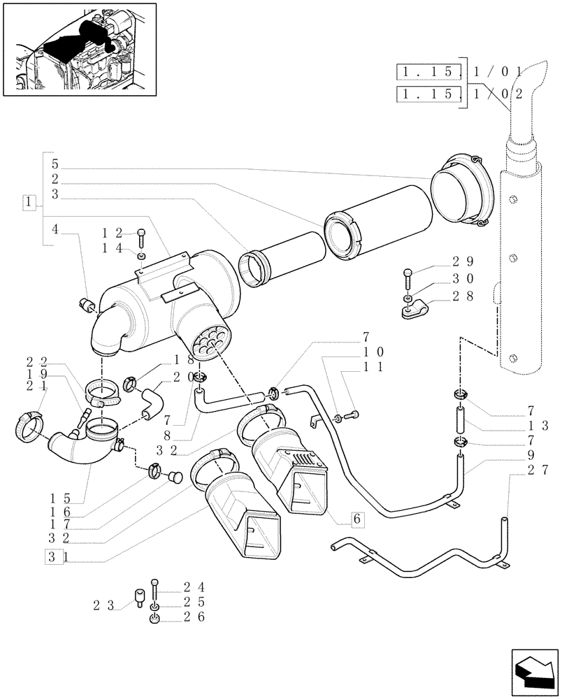 Схема запчастей Case IH MAXXUM 100 - (1.19.1/01[01]) - AIR CLEANER WITH PRE-CLEANER "SPIN TUBE" (VAR.330189-331189-332189-333189) (02) - ENGINE EQUIPMENT