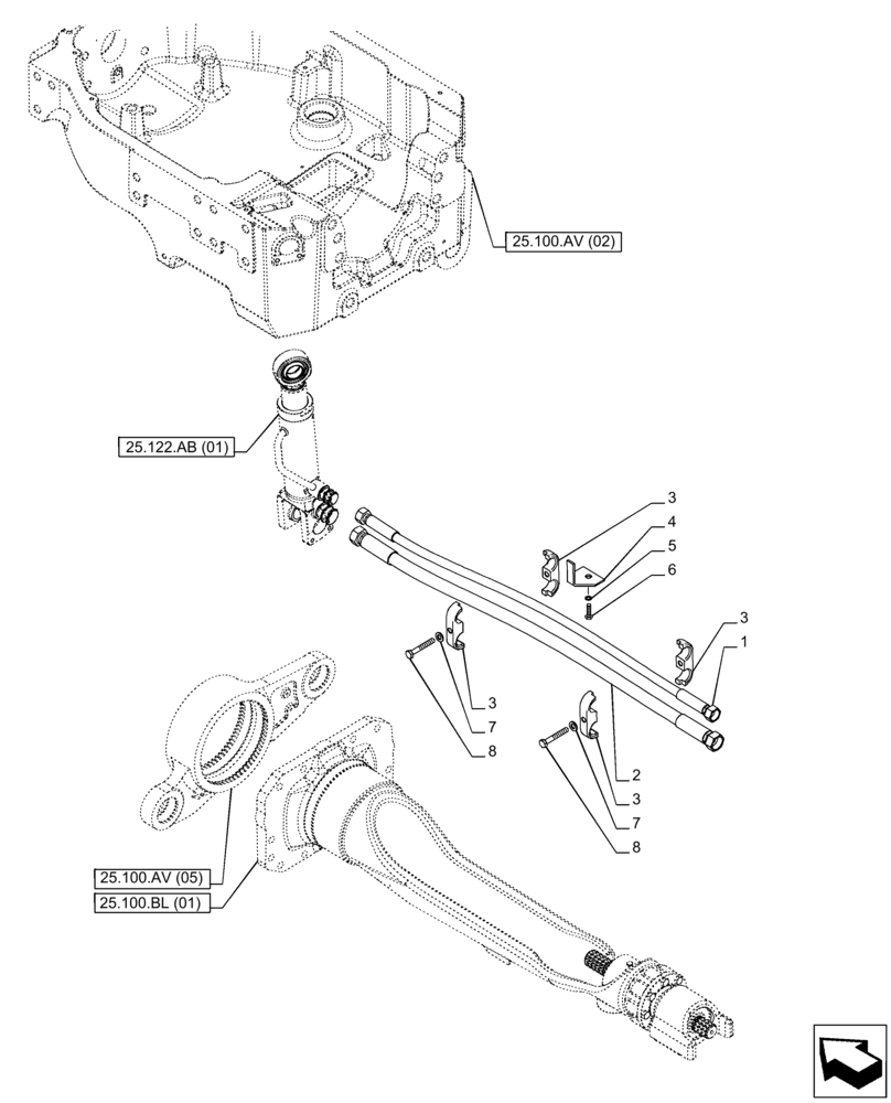 Схема запчастей Case IH PUMA 165 - (25.122.AD) - VAR - 758045, 758046 - FRONT AXLE, SUSPENDED, CYLINDER, LINE (25) - FRONT AXLE SYSTEM