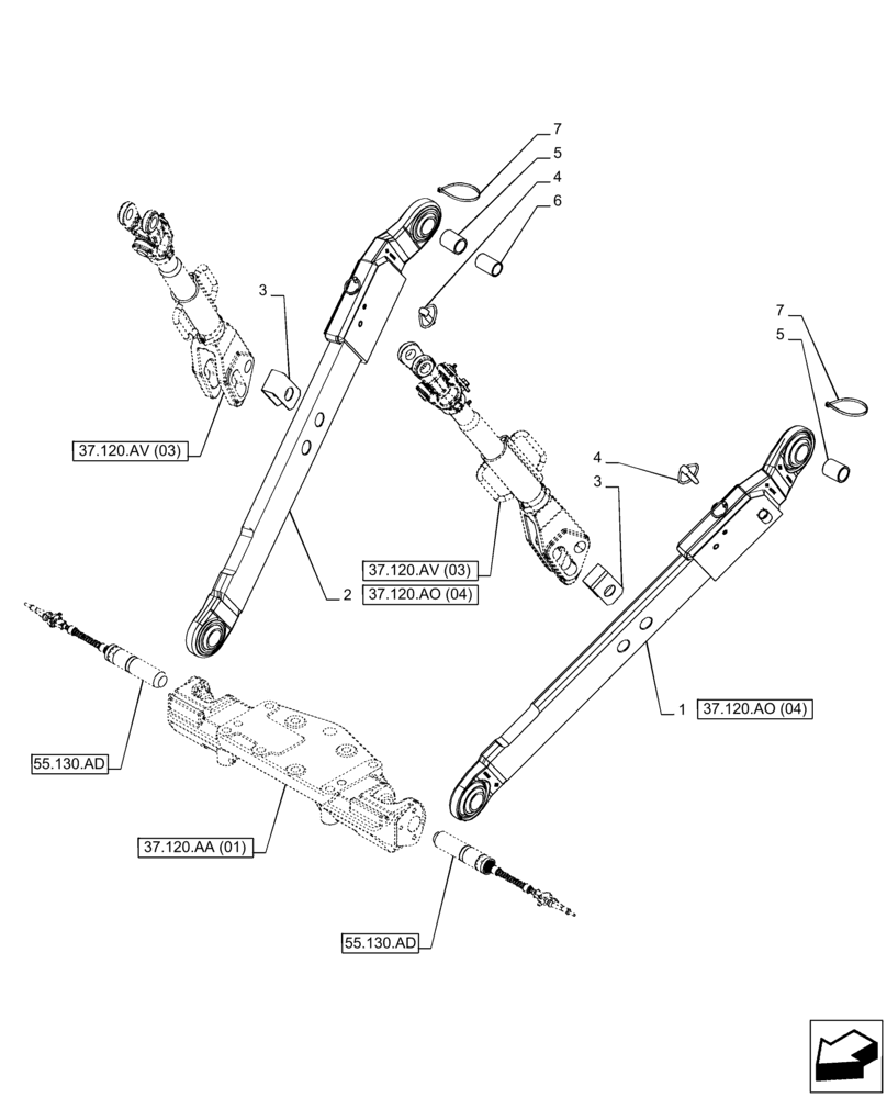 Схема запчастей Case IH PUMA 165 CVT - (37.120.AO[03]) - VAR - 758074, 758079 - 3 HITCH POINT, LOWER LINK (37) - HITCHES, DRAWBARS & IMPLEMENT COUPLINGS