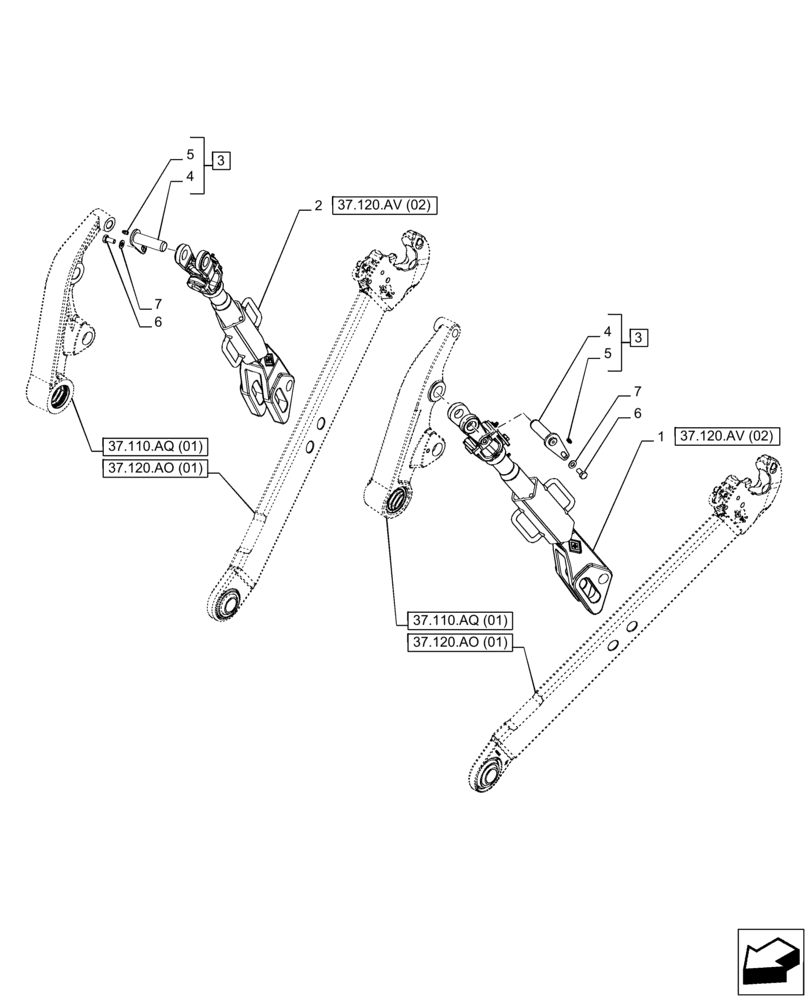 Схема запчастей Case IH PUMA 150 CVT - (37.120.AV[01]) - VAR - 391170, 758075 - 3 HITCH POINT, LIFT ARM (37) - HITCHES, DRAWBARS & IMPLEMENT COUPLINGS