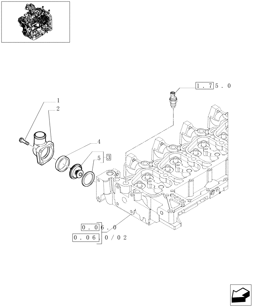 Схема запчастей Case IH MAXXUM 110 - (0.32.6) - THERMOSTAT ENGINE COOLING SYSTEM (STD + VAR.330003-332115-332116) (01) - ENGINE