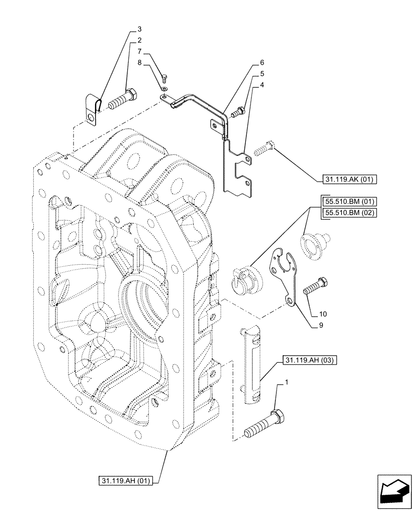 Схема запчастей Case IH PUMA 240 CVT - (31.119.AH[02]) - VAR - 758030 - PTO 540/540E/1000/1000E RPM, HOUSING (31) - IMPLEMENT POWER TAKE OFF