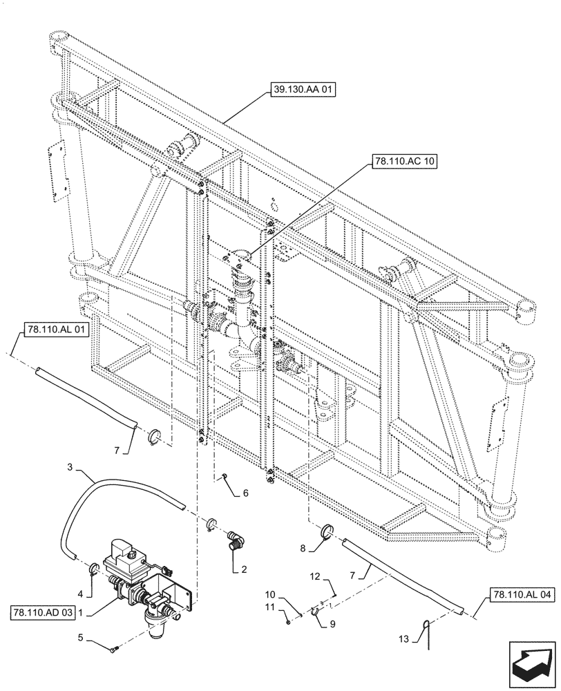 Схема запчастей Case IH PATRIOT 4440 - (78.110.AD[02]) - BOOM PLUMBING, CENTER SECTION LAYOUT, 5 SECTION, 90 BOOM, BSN YGT042519 (78) - SPRAYING