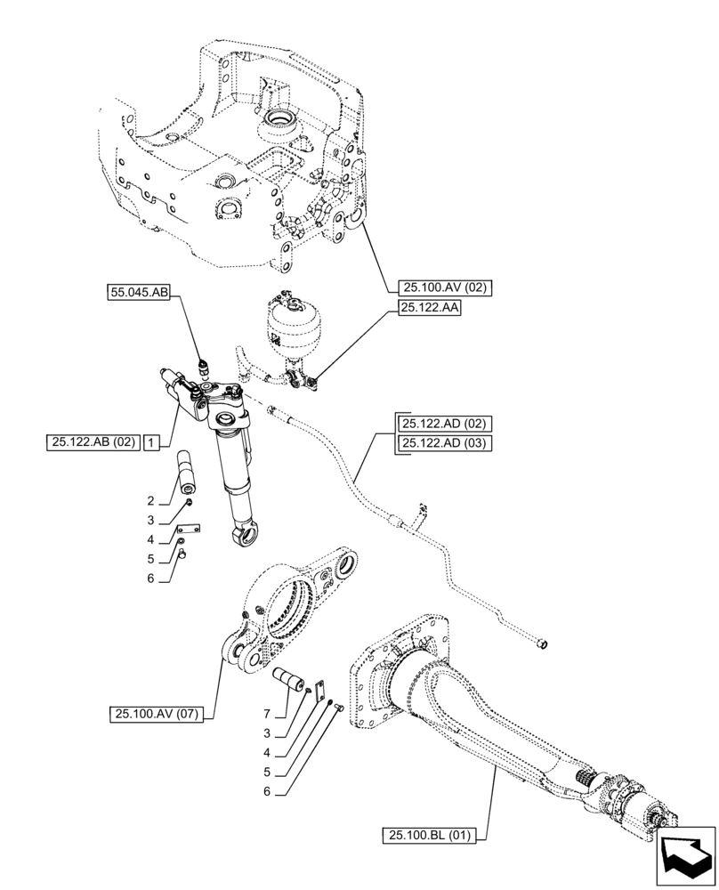 Схема запчастей Case IH PUMA 220 - (25.122.AB[01]) - VAR - 758048, 758049 - FRONT AXLE, SUSPENDED, CYLINDER (25) - FRONT AXLE SYSTEM