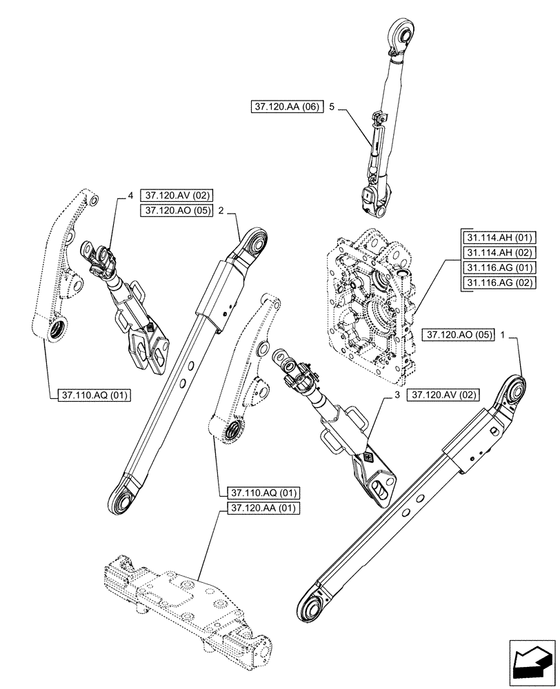 Схема запчастей Case IH PUMA 150 CVT - (37.120.AX[03]) - VAR - 758073, 758078 - 3 HITCH POINT (CAT 2, TELESCOPIC ENDS) (37) - HITCHES, DRAWBARS & IMPLEMENT COUPLINGS