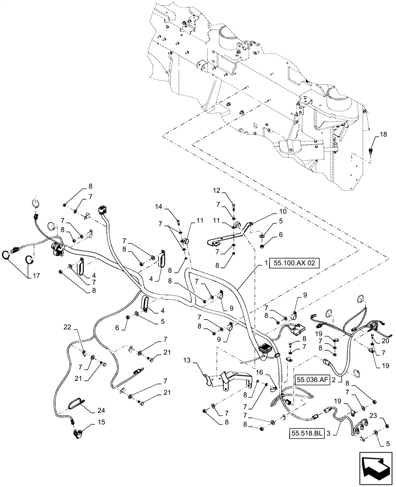 Схема запчастей Case IH QUADTRAC 500 - (55.100.AX[01]) - FRONT FRAME HARNESS MOUNTING, BSN ZFF308000 (55) - ELECTRICAL SYSTEMS