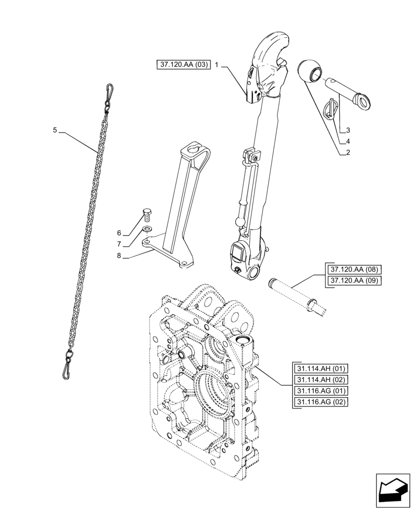 Схема запчастей Case IH PUMA 165 - (37.120.AA[02]) - VAR - 391170, 758075 - 3 HITCH POINT, TOP LINK (37) - HITCHES, DRAWBARS & IMPLEMENT COUPLINGS