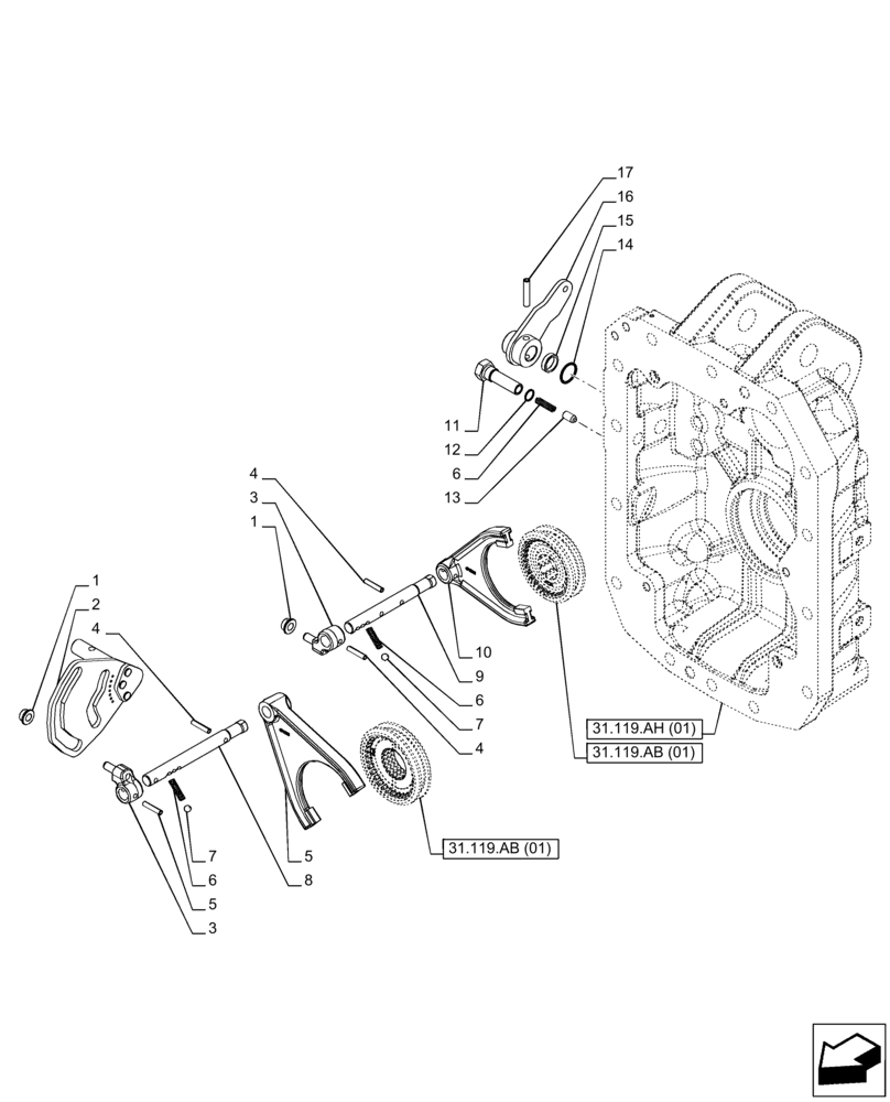 Схема запчастей Case IH PUMA 220 CVT - (31.119.AO[01]) - VAR - 758030 - PTO 540/540E/1000/1000E RPM, SELECTOR (31) - IMPLEMENT POWER TAKE OFF