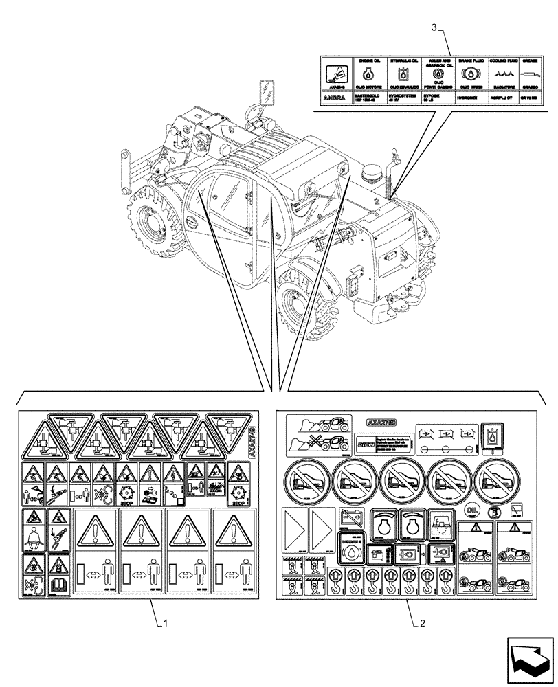 Схема запчастей Case IH FARMLIFT 525 - (90.108.AC[01]) - DECAL, WARNING (90) - PLATFORM, CAB, BODYWORK AND DECALS