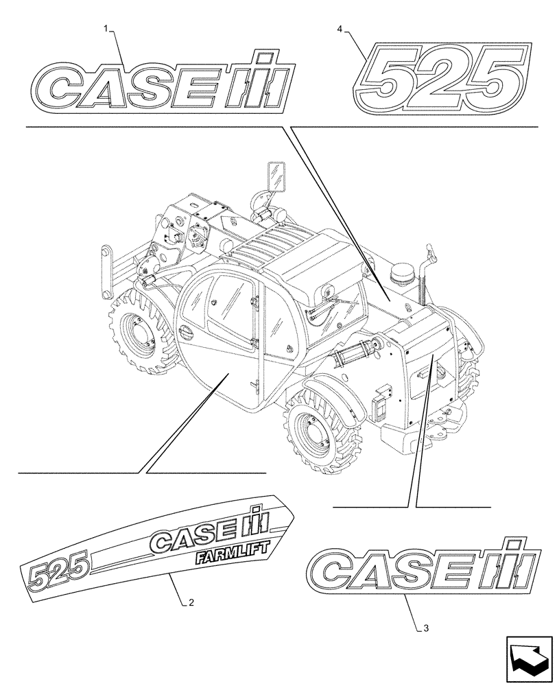 Схема запчастей Case IH FARMLIFT 525 - (90.108.AB[01]) - DECAL, MODEL IDENTIFICATION (90) - PLATFORM, CAB, BODYWORK AND DECALS