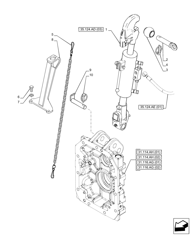 Схема запчастей Case IH PUMA 165 - (35.124.AD[01]) - VAR - 758071, 758076 - 3 HITCH POINT, HYDRAULIC TOP LINK (35) - HYDRAULIC SYSTEMS