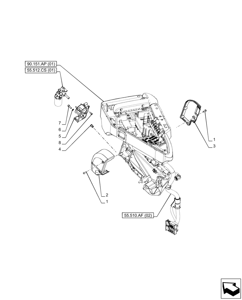 Схема запчастей Case IH PUMA 165 CVT - (55.512.CS[02]) - VAR - 758259, 758260, 758261, 758262, 758263, 758264, 758265 - ARMREST, ELECTRIC SYSTEM CONTROL, COVERS (55) - ELECTRICAL SYSTEMS