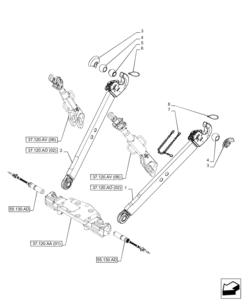 Схема запчастей Case IH PUMA 165 CVT - (37.120.AO[07]) - VAR - 758071, 758076 - 3 HITCH POINT, LOWER LINK (37) - HITCHES, DRAWBARS & IMPLEMENT COUPLINGS