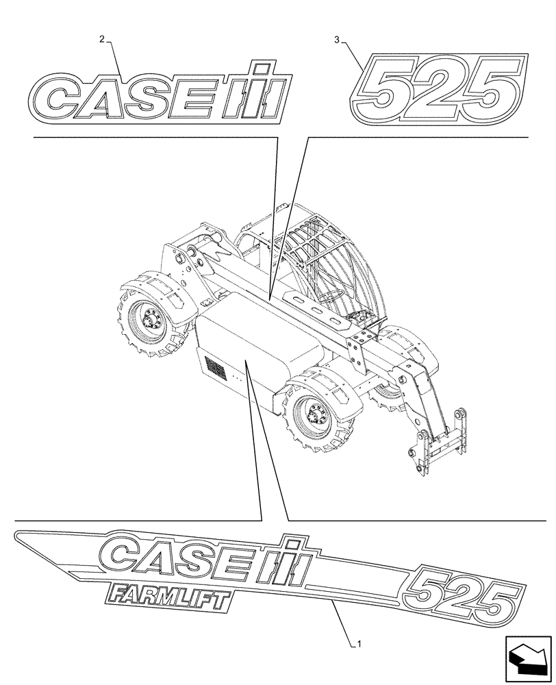 Схема запчастей Case IH FARMLIFT 525 - (90.108.AB[02]) - DECAL, MODEL IDENTIFICATION (90) - PLATFORM, CAB, BODYWORK AND DECALS