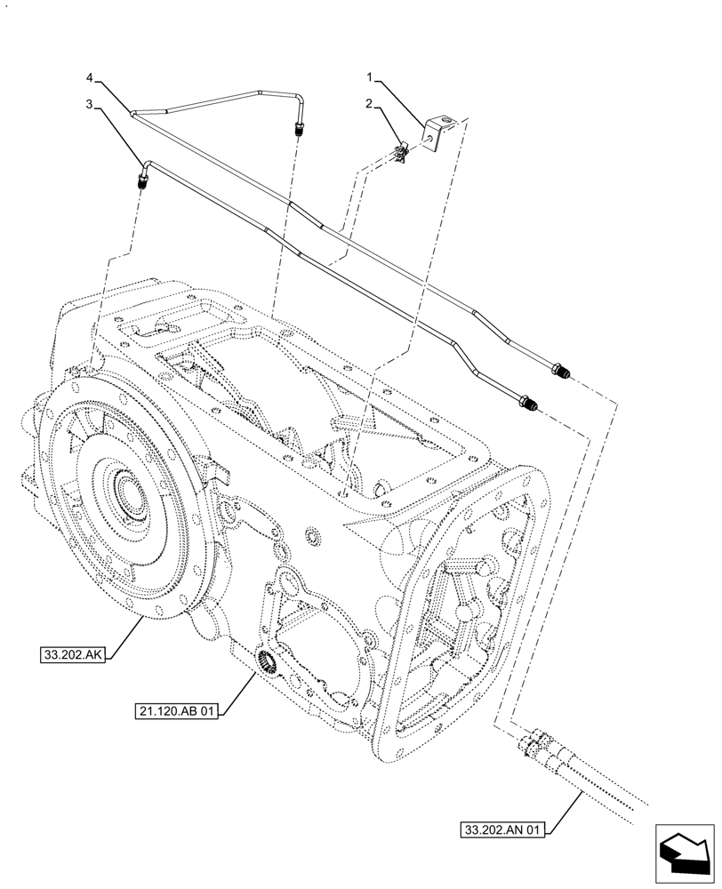 Схема запчастей Case IH FARMALL 120A - (33.202.AE[01]) - VAR - 390302 - BRAKE, HYD. LINE, CAB, LESS CREEPER (33) - BRAKES & CONTROLS