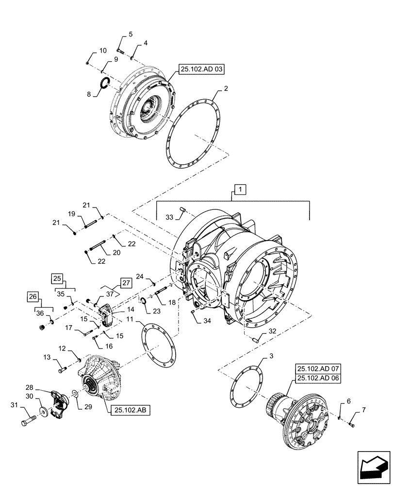 Схема запчастей Case IH STEIGER 580 - (25.102.AD[02]) - FRONT AXLE HOUSING & COVERS, 550, 580, 600, 620 (25) - FRONT AXLE SYSTEM