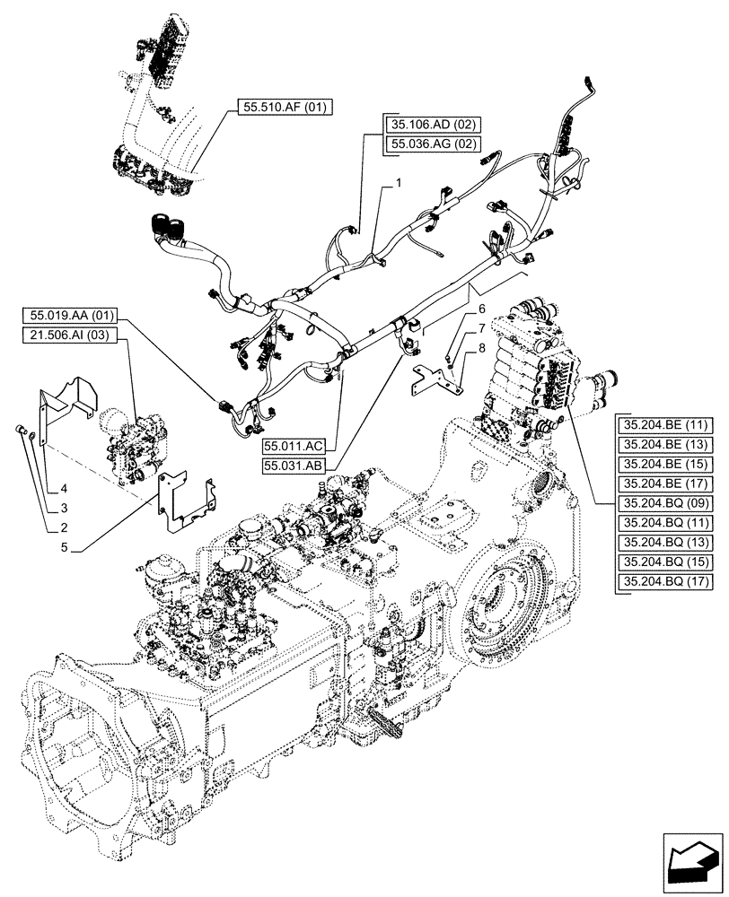 Схема запчастей Case IH PUMA 165 CVT - (55.024.AA[02]) - VAR - 391161, 758055 - TRANSMISSION, HARNESS (55) - ELECTRICAL SYSTEMS