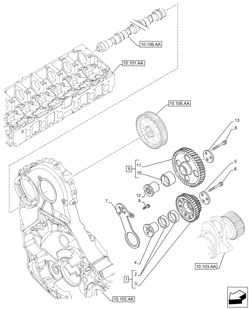 Схема запчастей Case IH F3JFE613A B001 - (10.106.AG) - CAMSHAFT, GEAR (10) - ENGINE