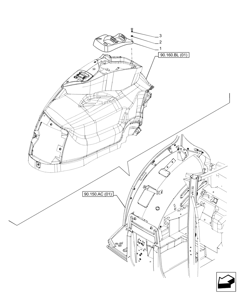 Схема запчастей Case IH PUMA 165 CVT - (90.160.BL[07]) - VAR - 758023 - PTO, CONTROLS, COVER RH (90) - PLATFORM, CAB, BODYWORK AND DECALS